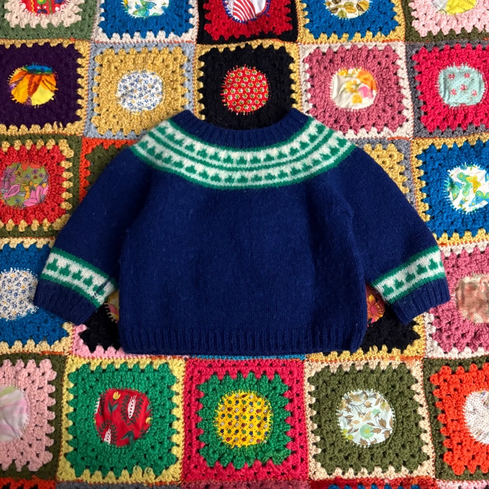 Vtg 80s/90s Handmade Kids Navy Blue Fair Isle Knit Wool Sweater Green Nordic